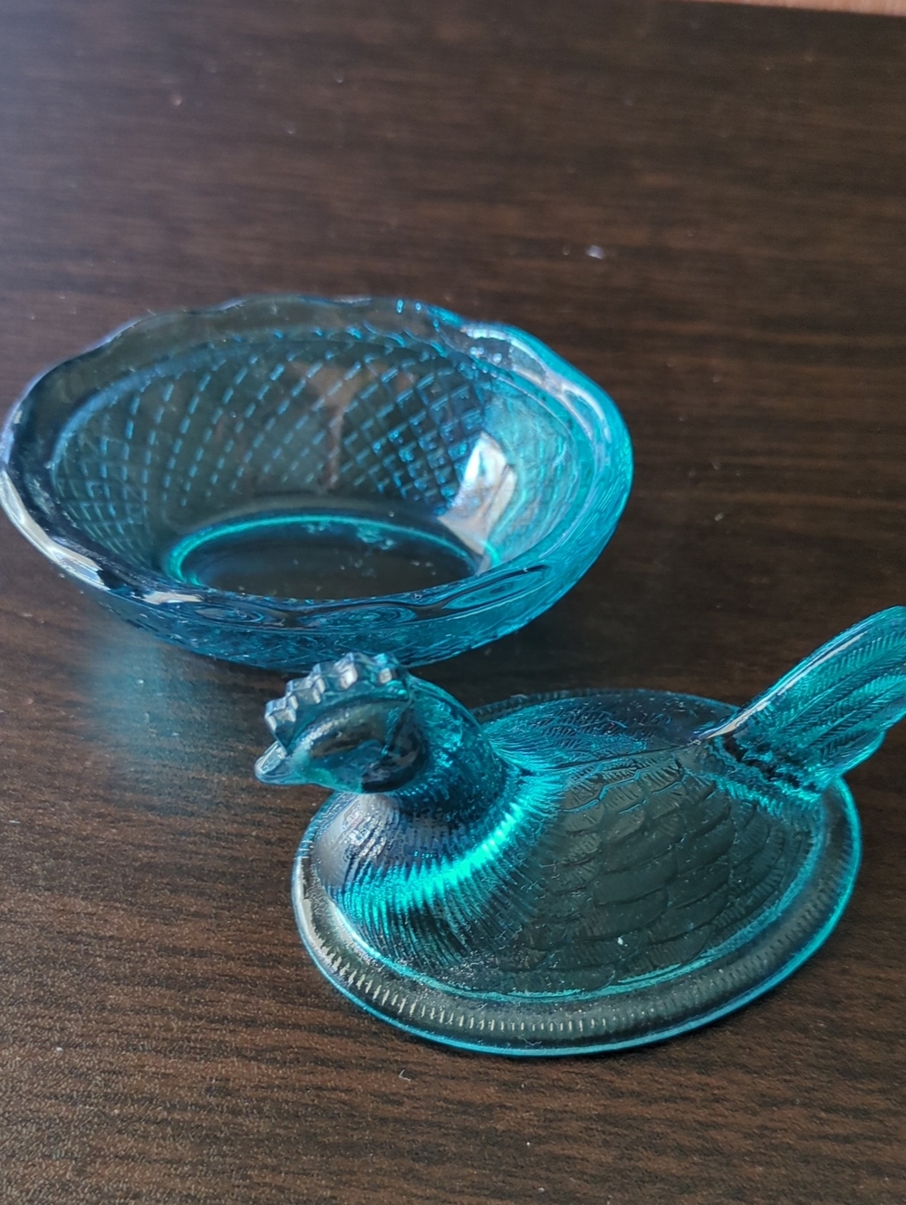 Vintage Teal Glass Hen On Nest Covered Dish - Decorative Home Accent - Picture 2 of 4